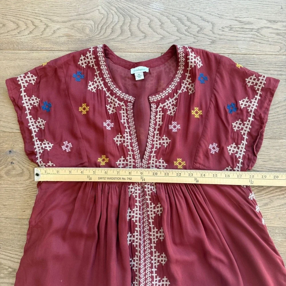 Sundance Embroidered Boho Tunic Dress Rust Red XS Short Sleeve Modal Lined